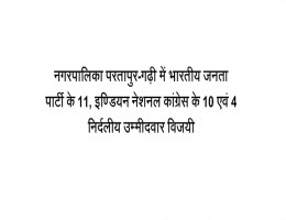नगरपालिका परतापुर-गढ़ी में भारतीय जनता पार्टी केे 11, इण्डियन नेशनल कांग्रेस केे 10 एवं 4 निर्दलीय उम्मीदवार विजयी